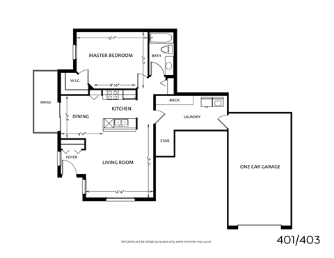 Floor plan for 1 bed, 1 bath, 906 sqft